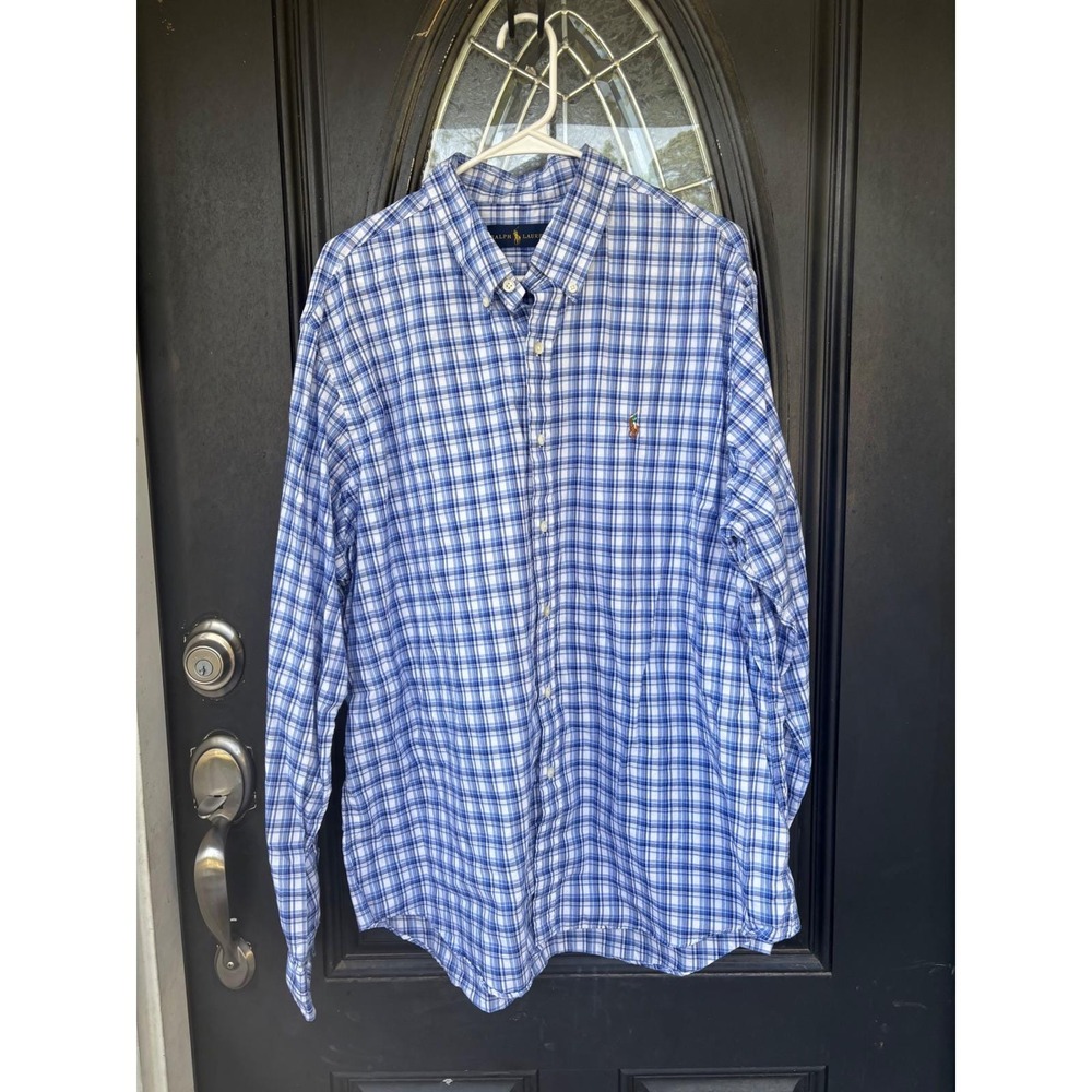 Ralph Lauren Mens XXL Blue White Plaid Long Sleeve Button Down Cotton Shirt